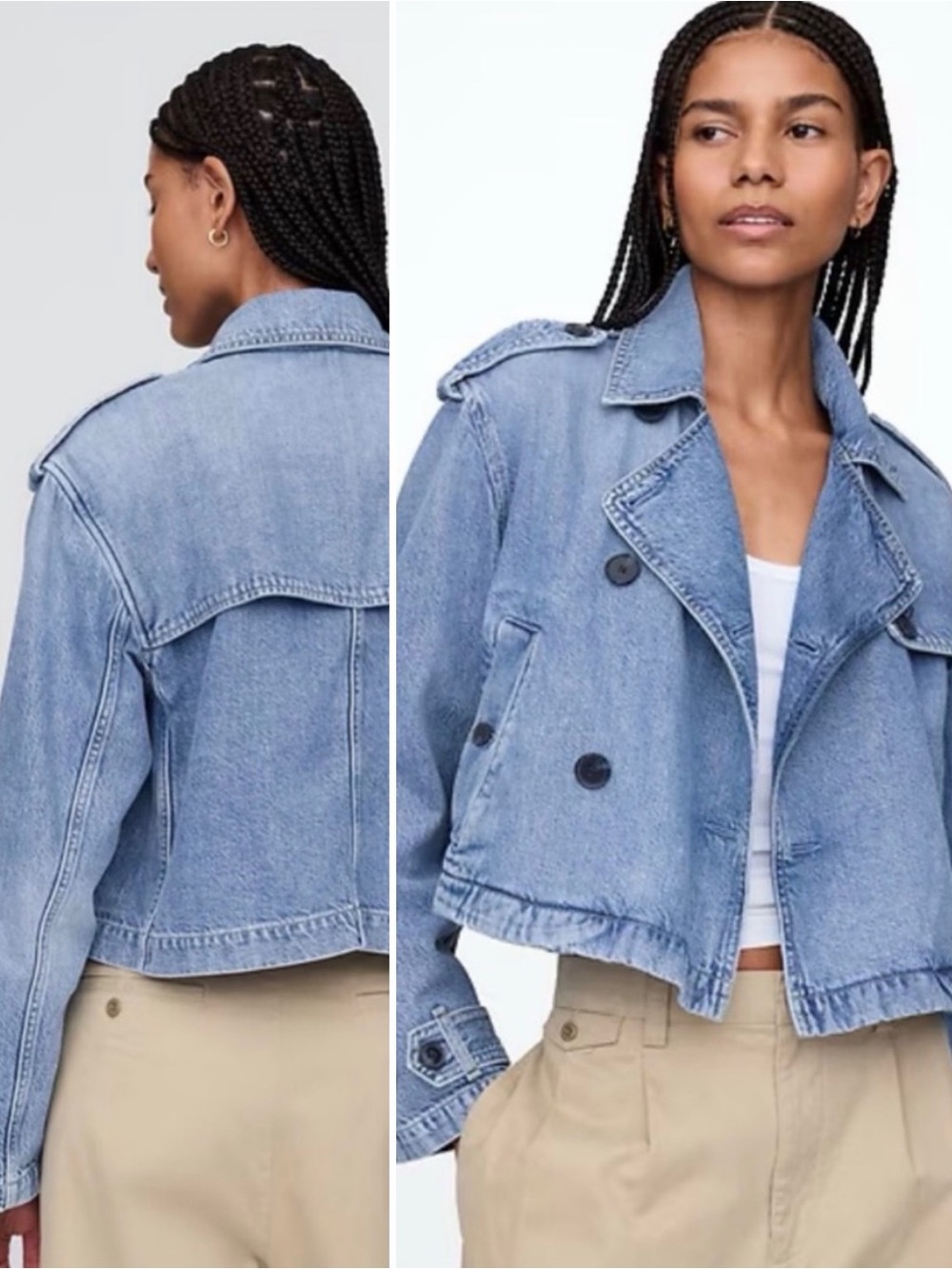 GAP Double-Breasted Denim Crop Trench Jacket Pea Coat Blue Light Wash Sz Small